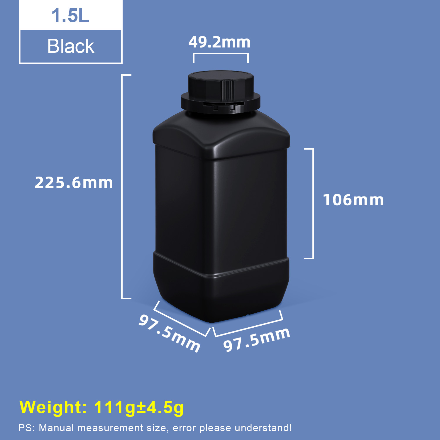 1500 ml schwarze, quadratische Weithals-Kunststoffflaschen mit schwarzem Verschluss