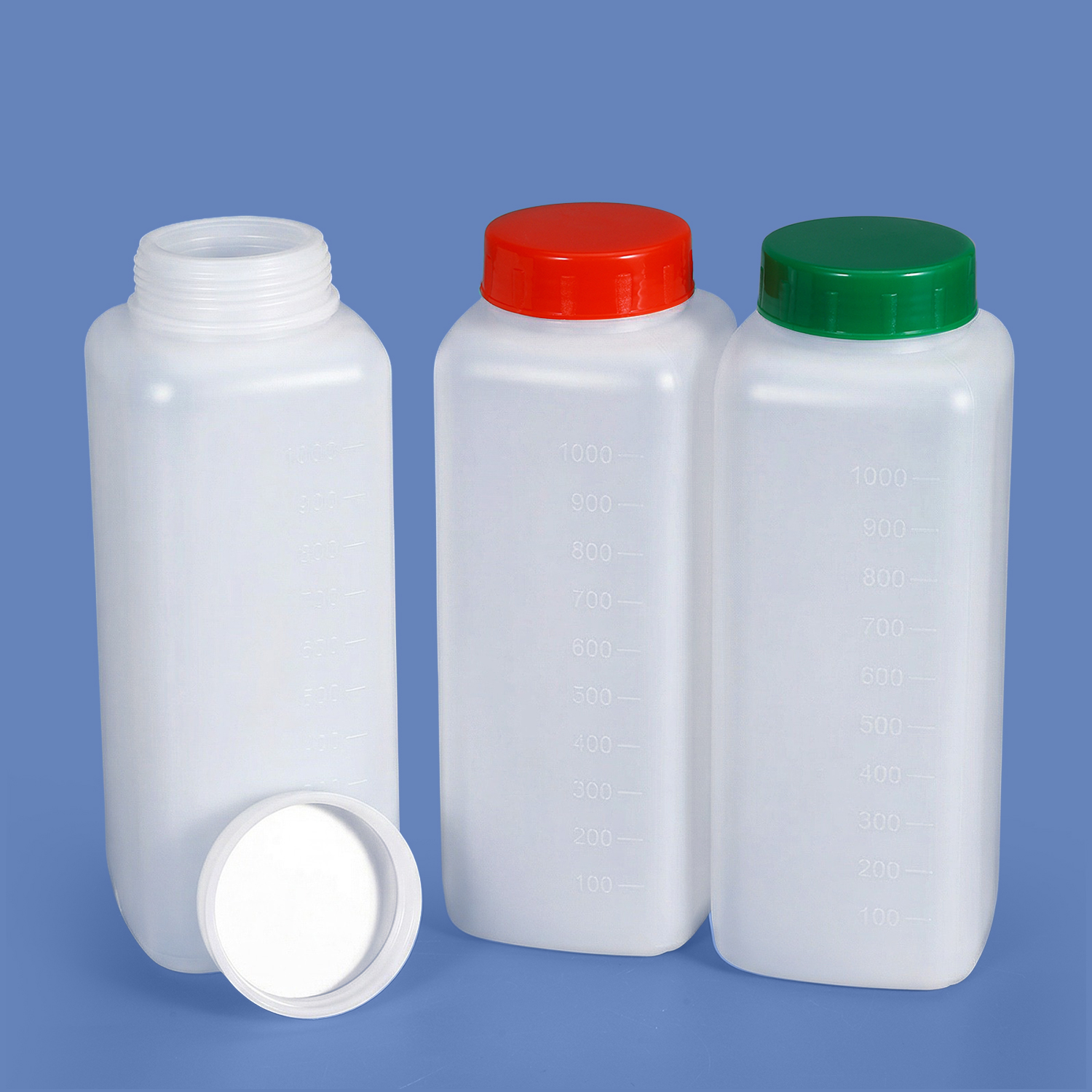 1-Liter-HDPE-Weithals-Vierkant-Kunststoffflasche mit 60-mm-Hals und Graduierung für die Verpackung von Pulver und dicken Flüssigkeiten