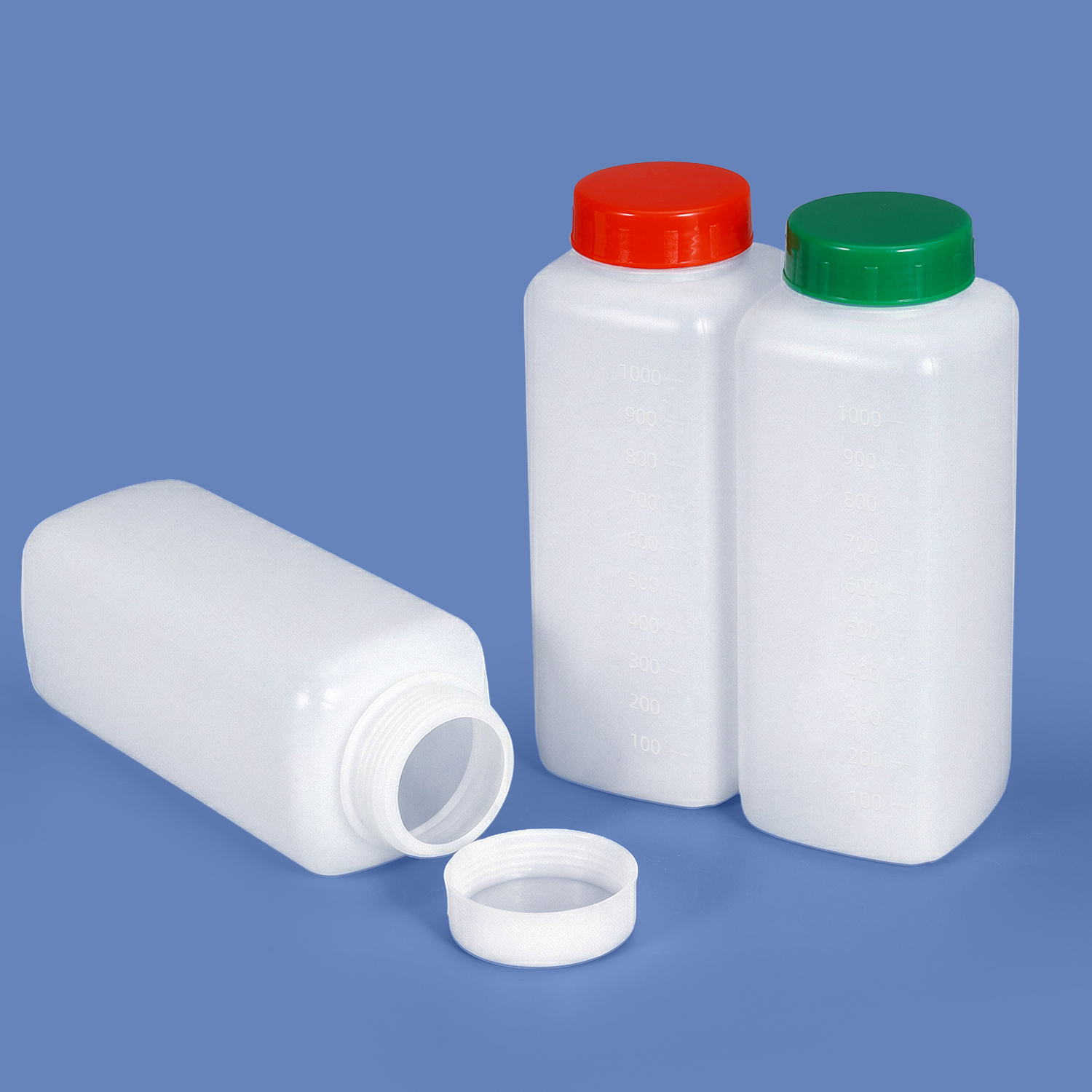 1-Liter-HDPE-Weithals-Vierkant-Kunststoffflasche mit 60-mm-Hals und Graduierung für die Verpackung von Pulver und dicken Flüssigkeiten