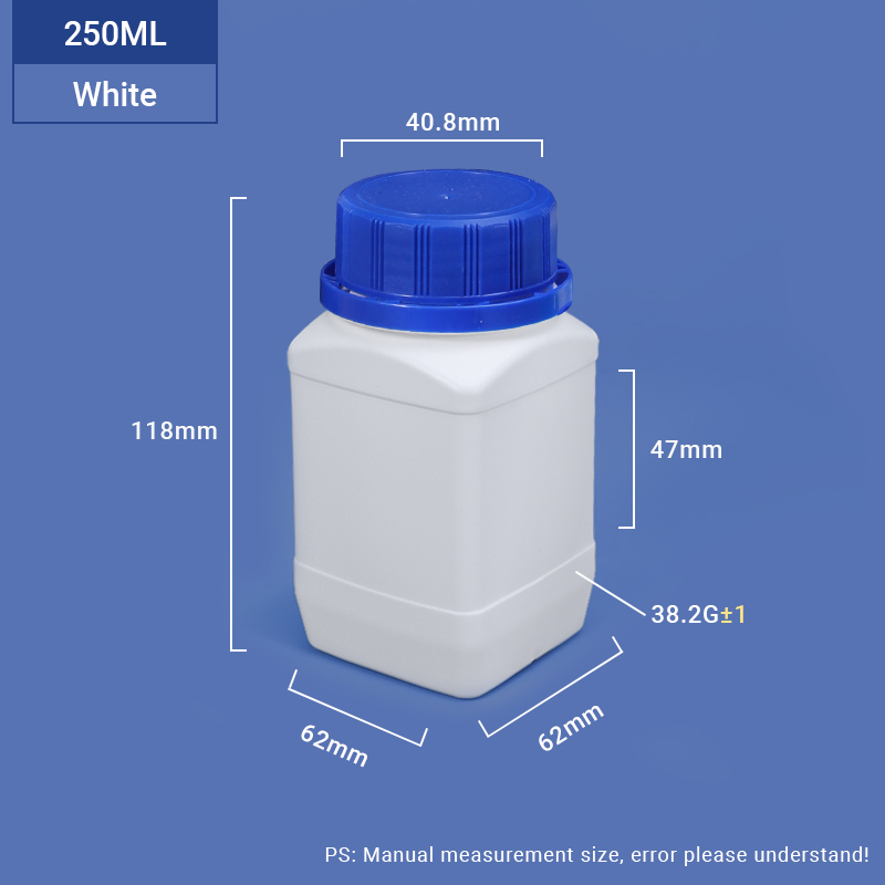 Weiß-250ml breiter Halsquadrat-HDPE-Flasche für chemische Pulververpackungen 