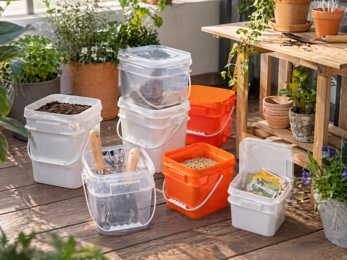 Balkon-Gartenaufbewahrung mit quadratischen Kunststoffeimern.png