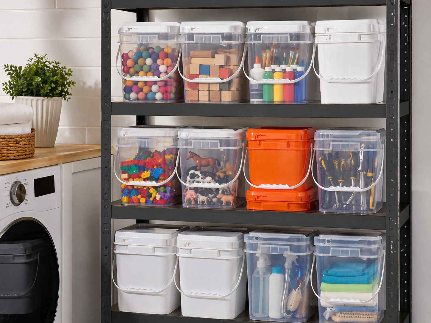 Heimorganisation und Gebrauchsaufbewahrung mit quadratischen Kunststoffeimern.png