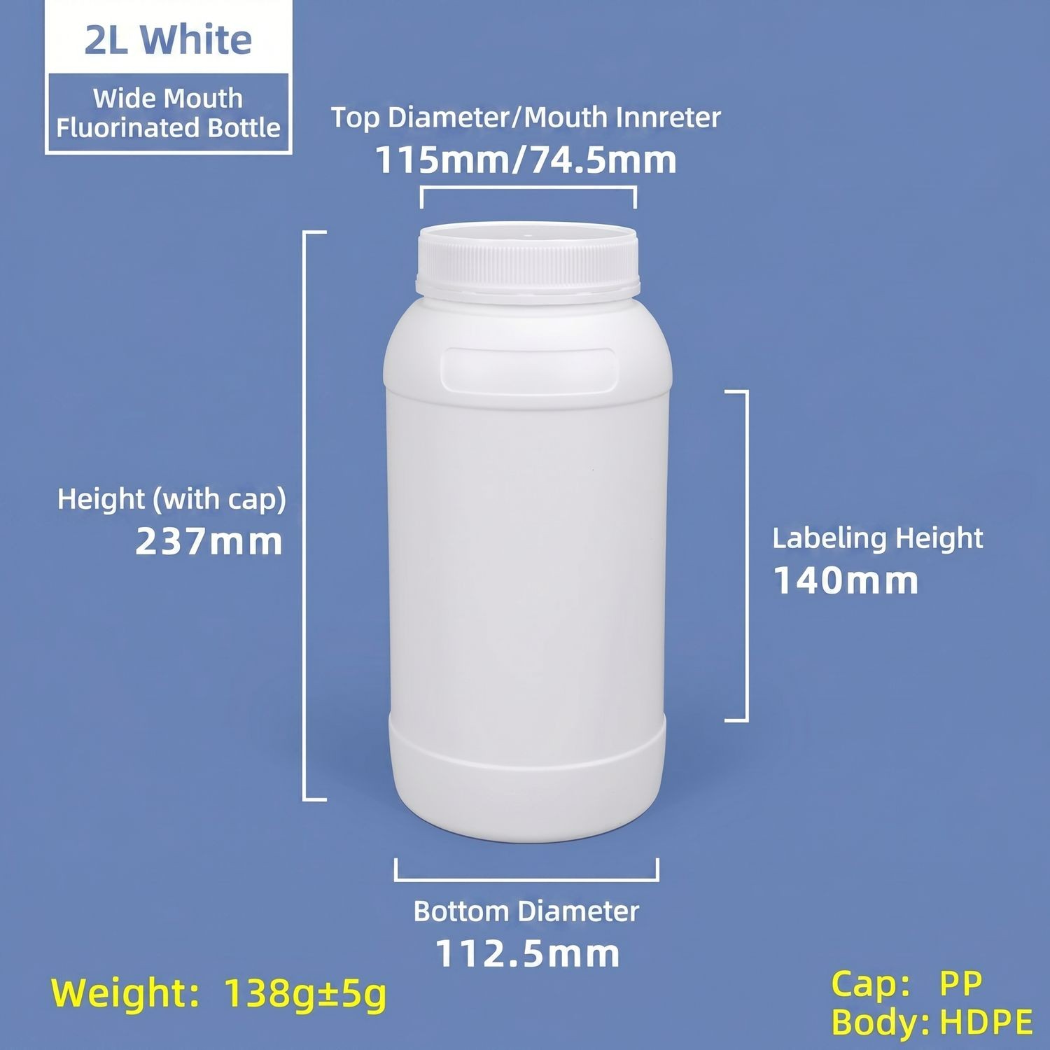 Großhandel mit 2 l fluorierter HDPE-Flasche, auslaufsicherer Weithalsbehälter für viskose Flüssigkeiten und organische Lösungsmittel