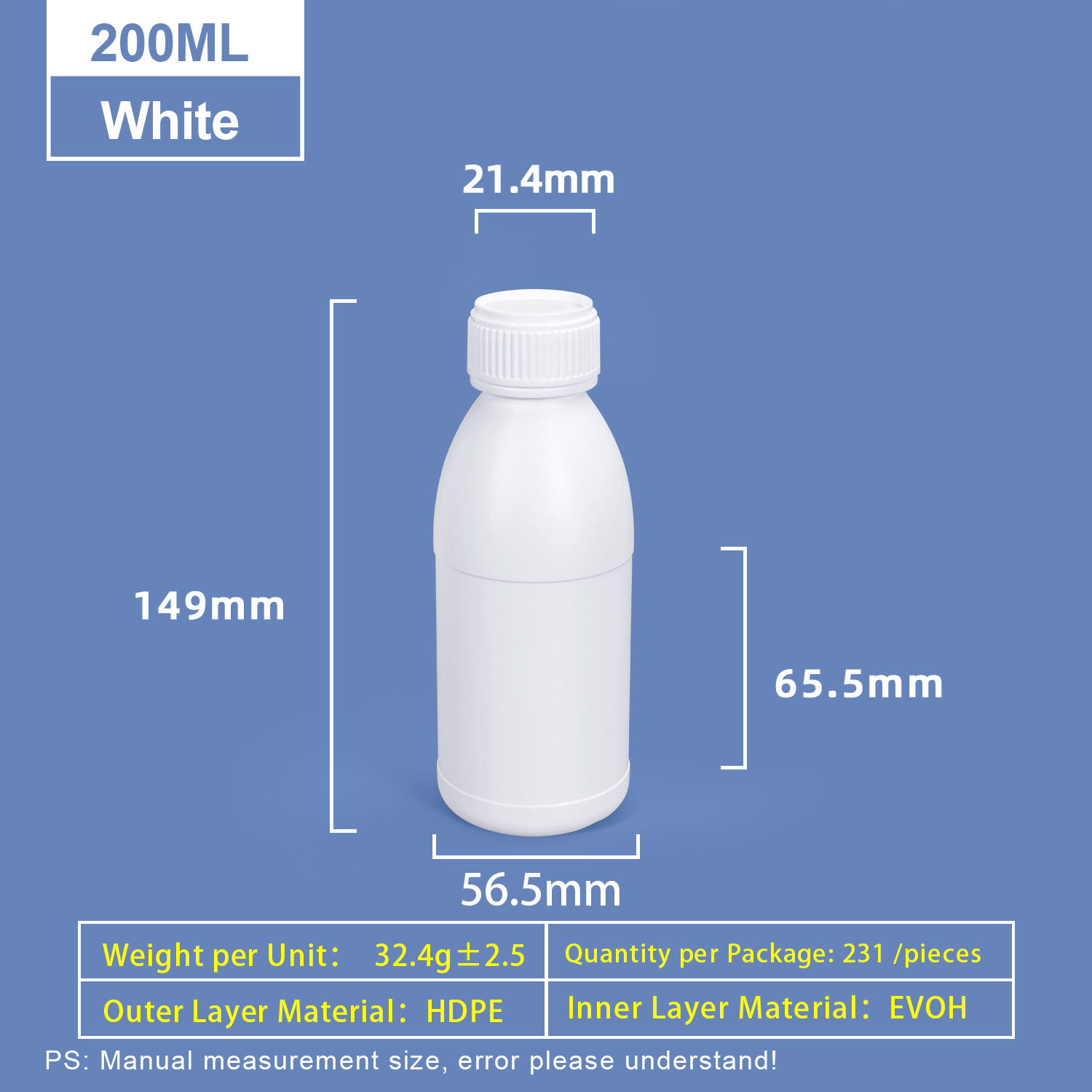 200 ml weiße Kunststoffflasche mit runder Schulter, Kunststoff-Coex-HDPE-Flasche