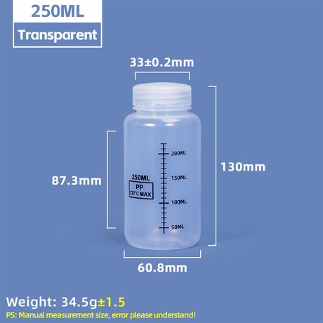 250 ml Weithals-Reagenzflaschen aus Kunststoff mit Graduierung
