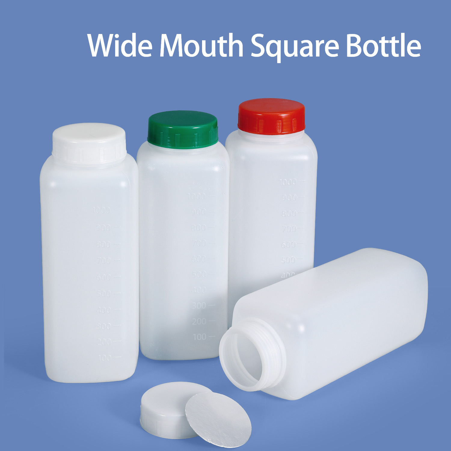 1-Liter-HDPE-Weithals-Vierkant-Kunststoffflasche mit 60-mm-Hals und Graduierung für die Verpackung von Pulver und dicken Flüssigkeiten