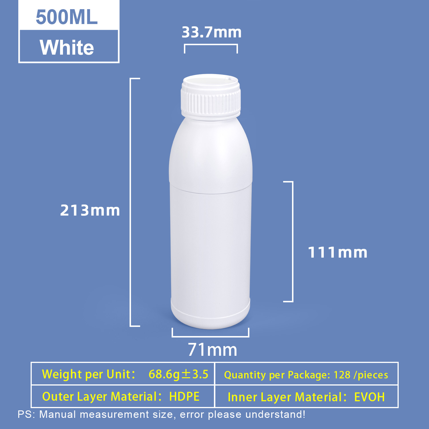 500 ml weiße Kunststoffflasche mit runder Schulter, Kunststoff-Coex-HDPE-Flasche