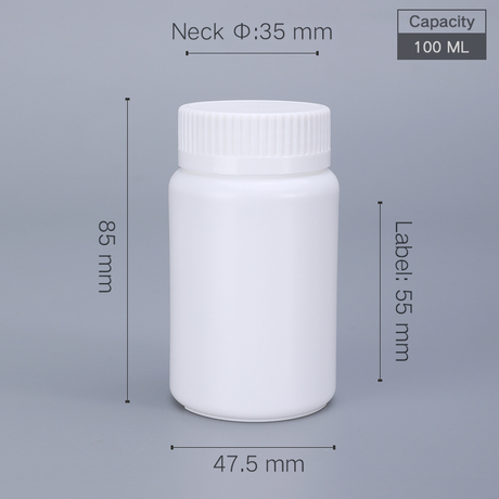 100 ml Plastik-Medizinflasche. 100 ml weiße Pillenflasche