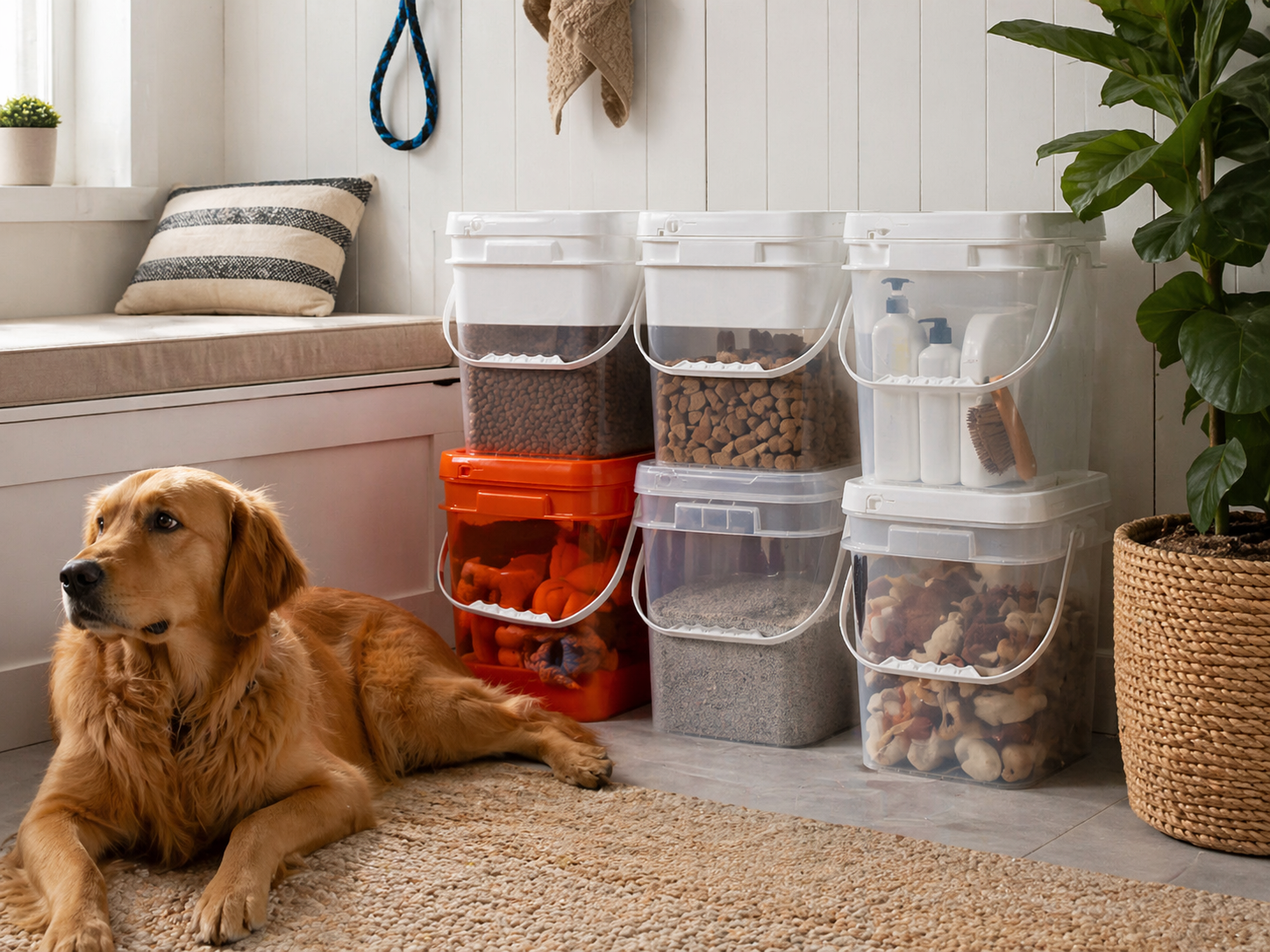 Aufbewahrung von Haustierbedarf mit quadratischen Plastikeimern.png
