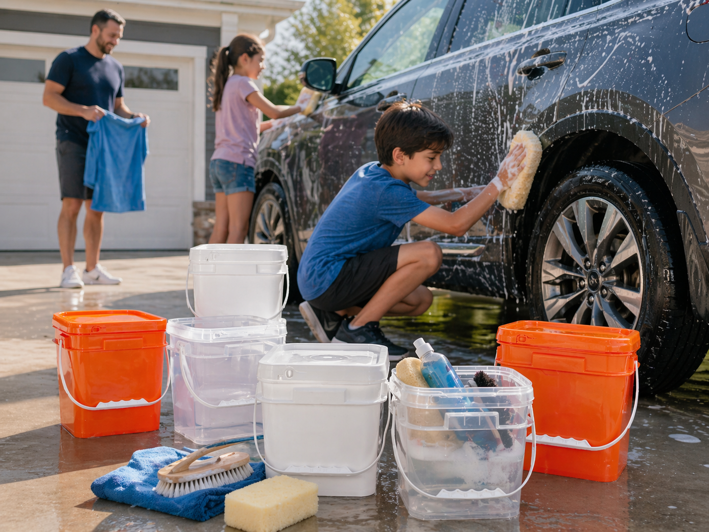 Familienautowaschen mit quadratischen Plastikeimern.png