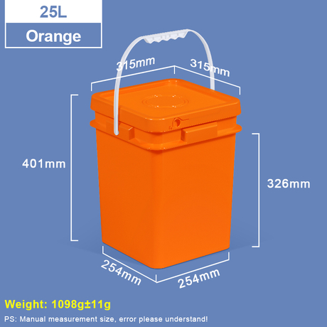 Orangefarbener, quadratischer 25-Liter-Kunststoffeimer mit Deckel und Griff