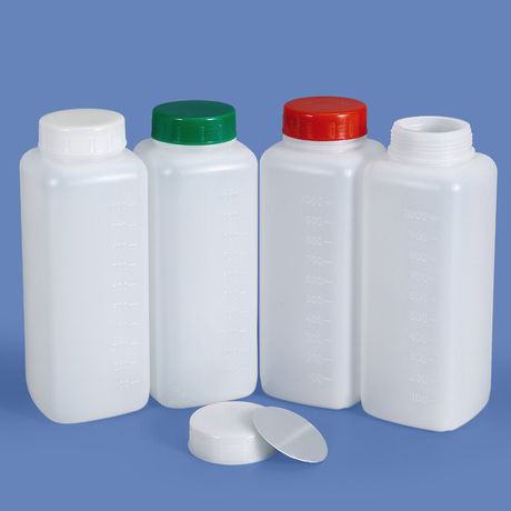 1-Liter-HDPE-Weithals-Vierkant-Kunststoffflasche mit 60-mm-Hals und Graduierung für die Verpackung von Pulver und dicken Flüssigkeiten