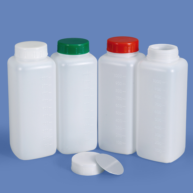 1-Liter-HDPE-Weithals-Vierkant-Kunststoffflasche mit 60-mm-Hals und Graduierung für die Verpackung von Pulver und dicken Flüssigkeiten