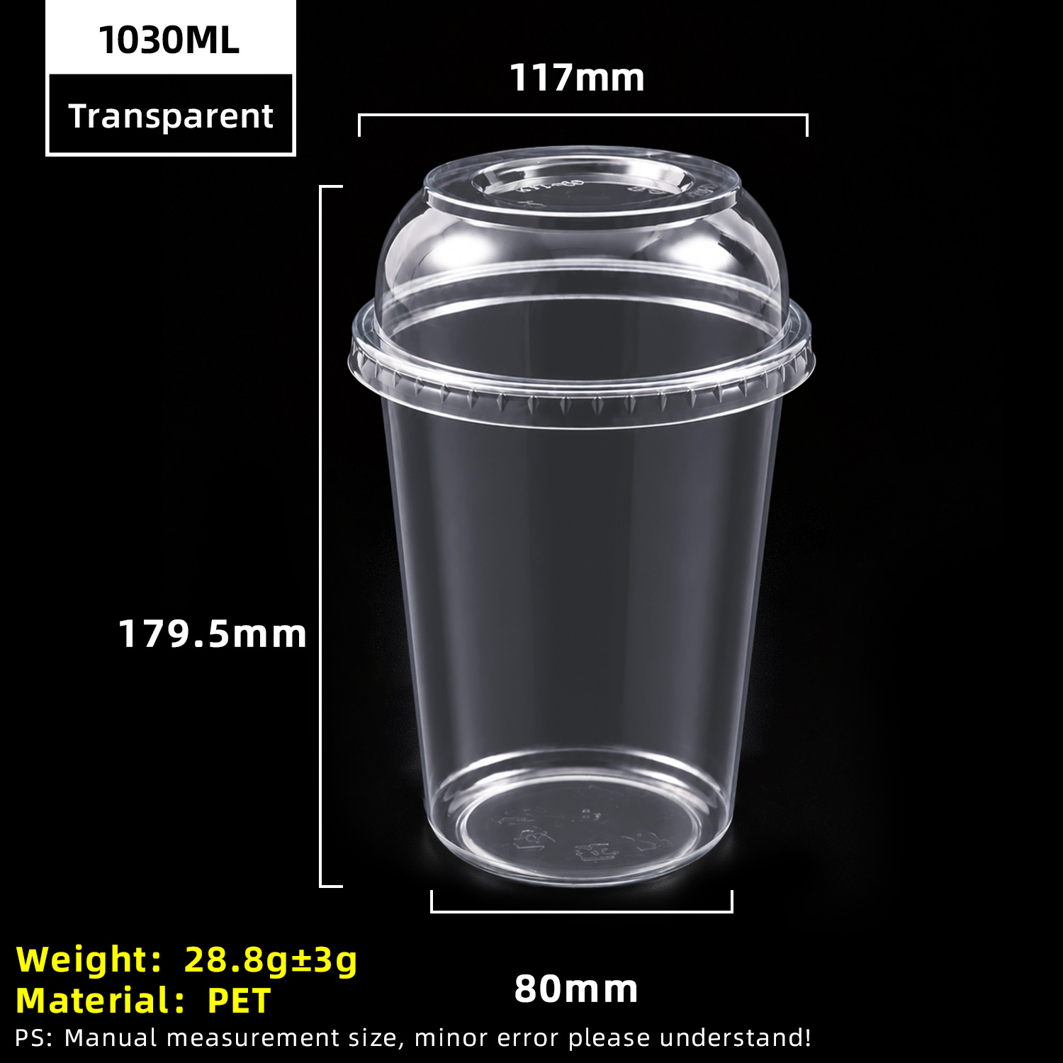 32oz 1030ml transparenter PET-Kunststoffbecher
