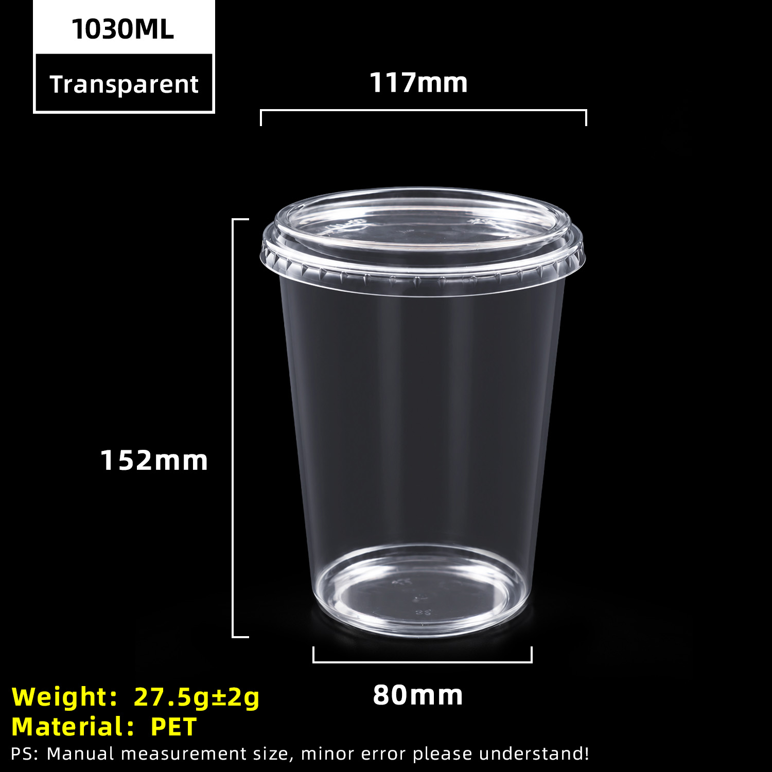 32oz 1030ml transparenter PET-Kunststoffbecher