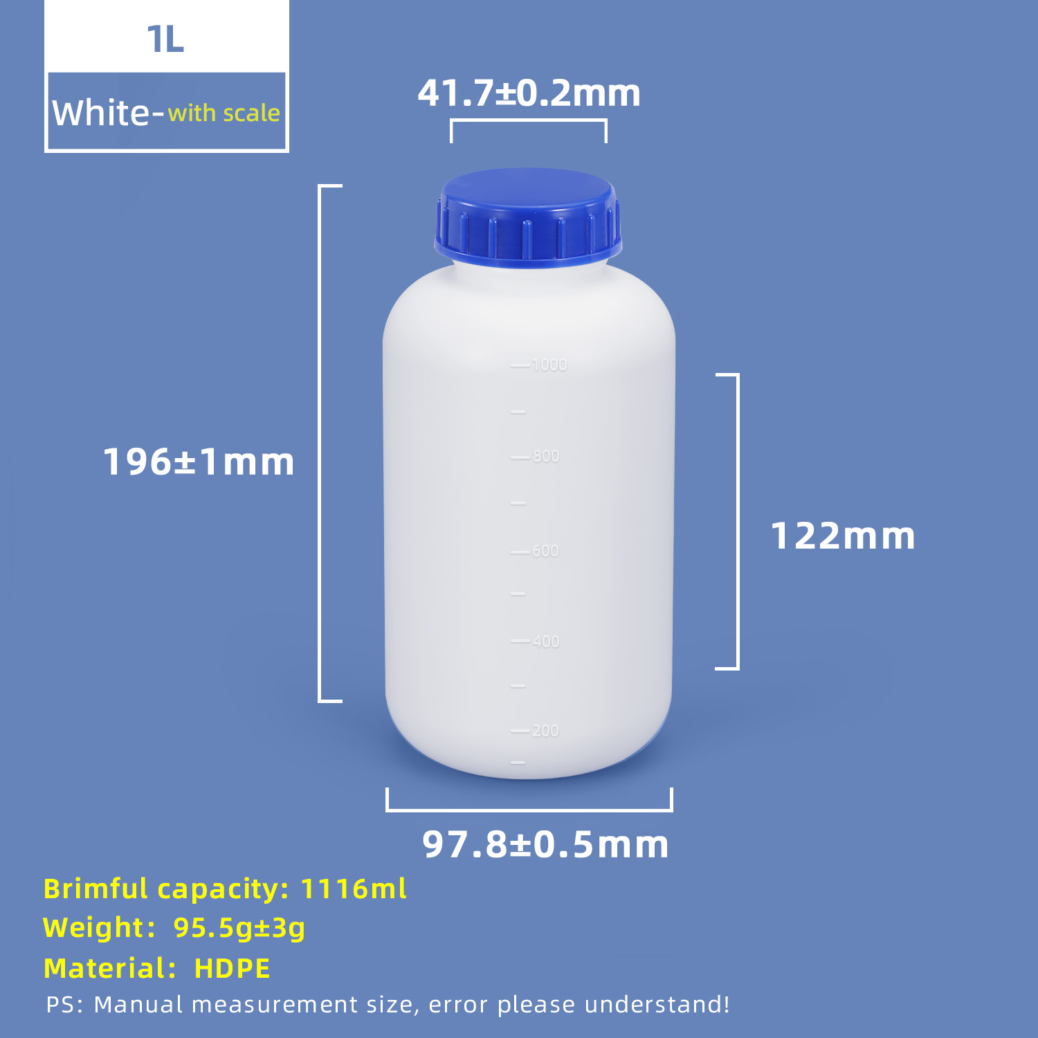 1-Liter-HDPE-Weithals-Plastikflasche mit Skalenstrich und Innenkappe