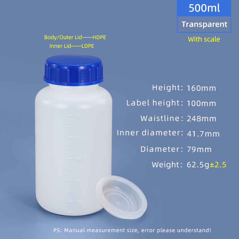 500 ml HDPE-Weithals-Kunststoffflasche mit auslaufsicherer Innenkappe mit Skala