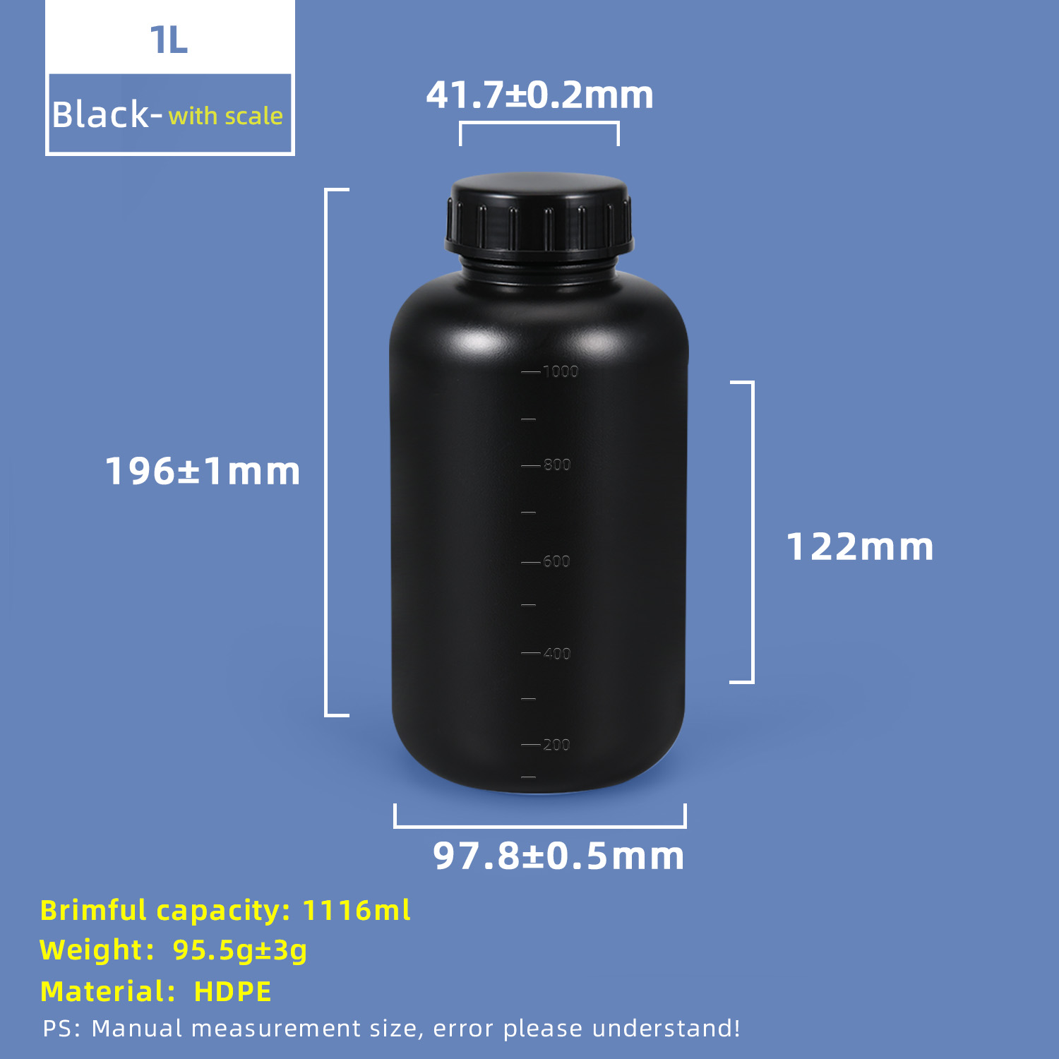 1-Liter-HDPE-Weithals-Plastikflasche mit Skalenstrich und Innenkappe