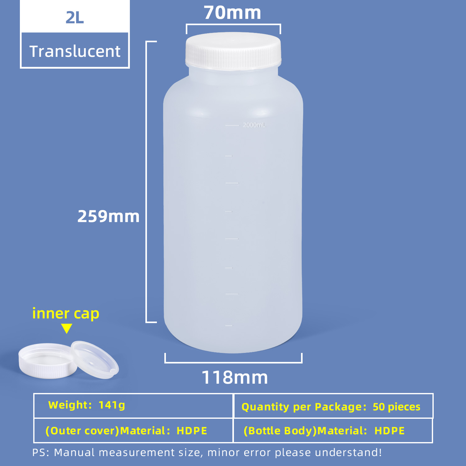 2L HDPE-Weithals-Kunststoffflasche mit auslaufsicherem Innendeckel für den Einsatz im Chemielabor