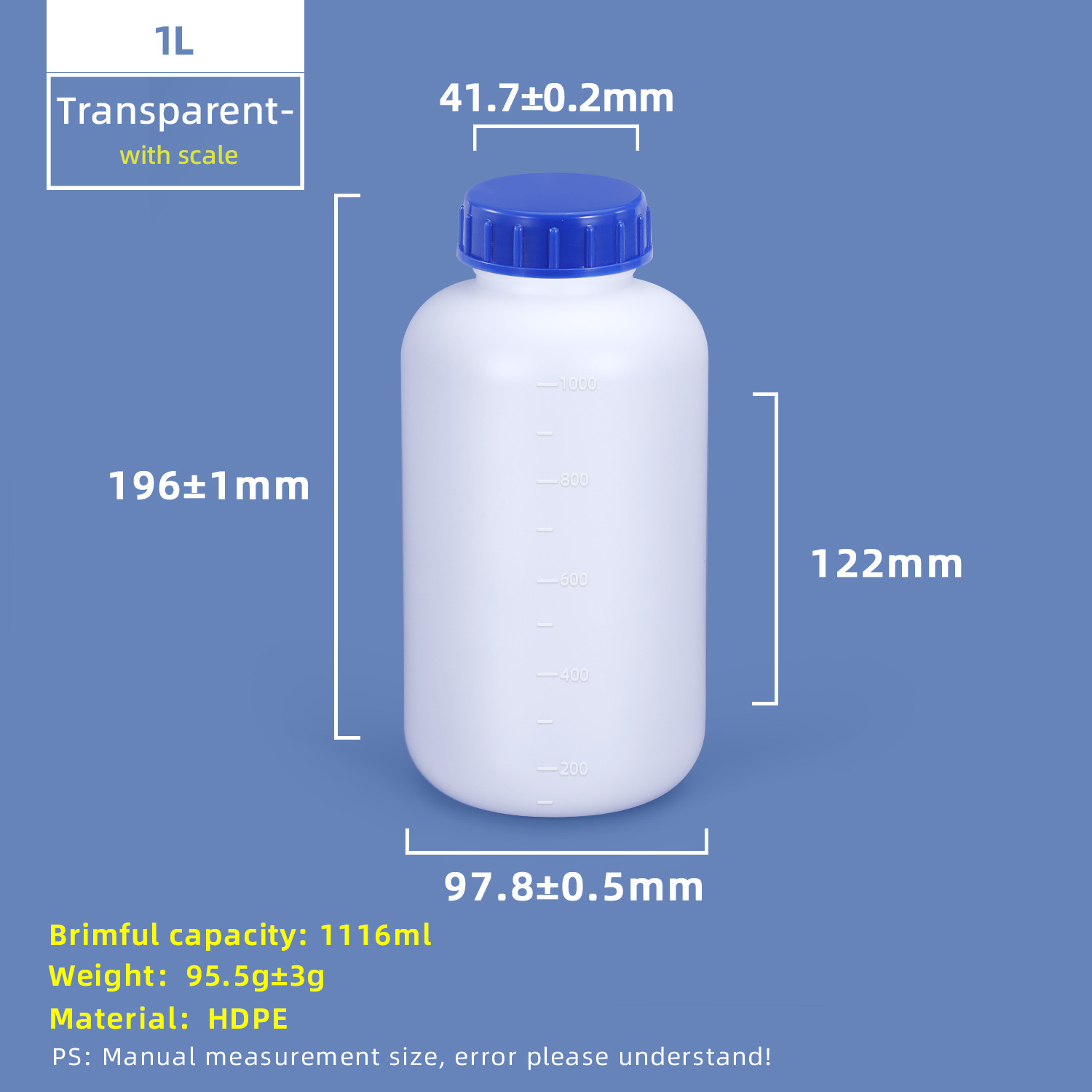 1-Liter-HDPE-Weithals-Plastikflasche mit Skalenstrich und Innenkappe