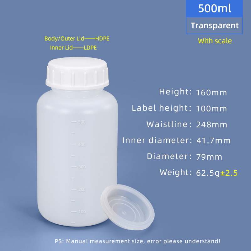 500 ml HDPE-Weithals-Kunststoffflasche mit auslaufsicherer Innenkappe mit Skala